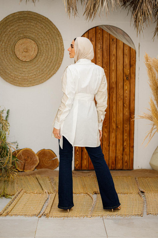 Two-Tone Belted Shirt Dress - Modest Chic