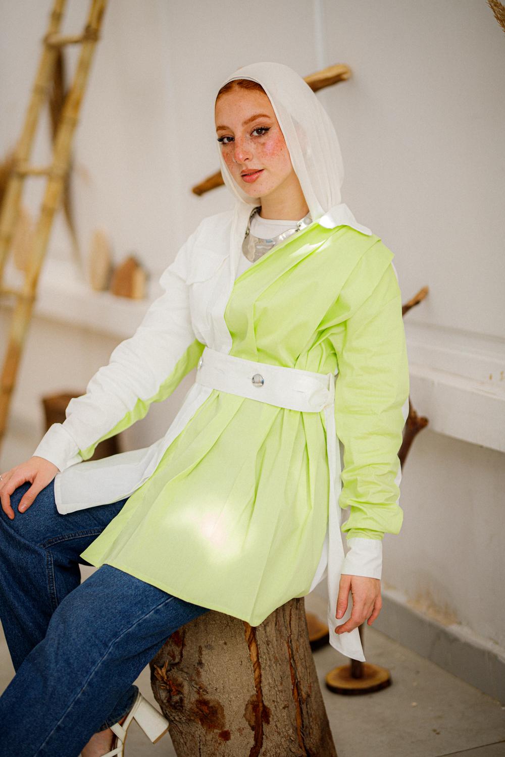 Two-Tone Belted Shirt Dress – Lime Pop Edition