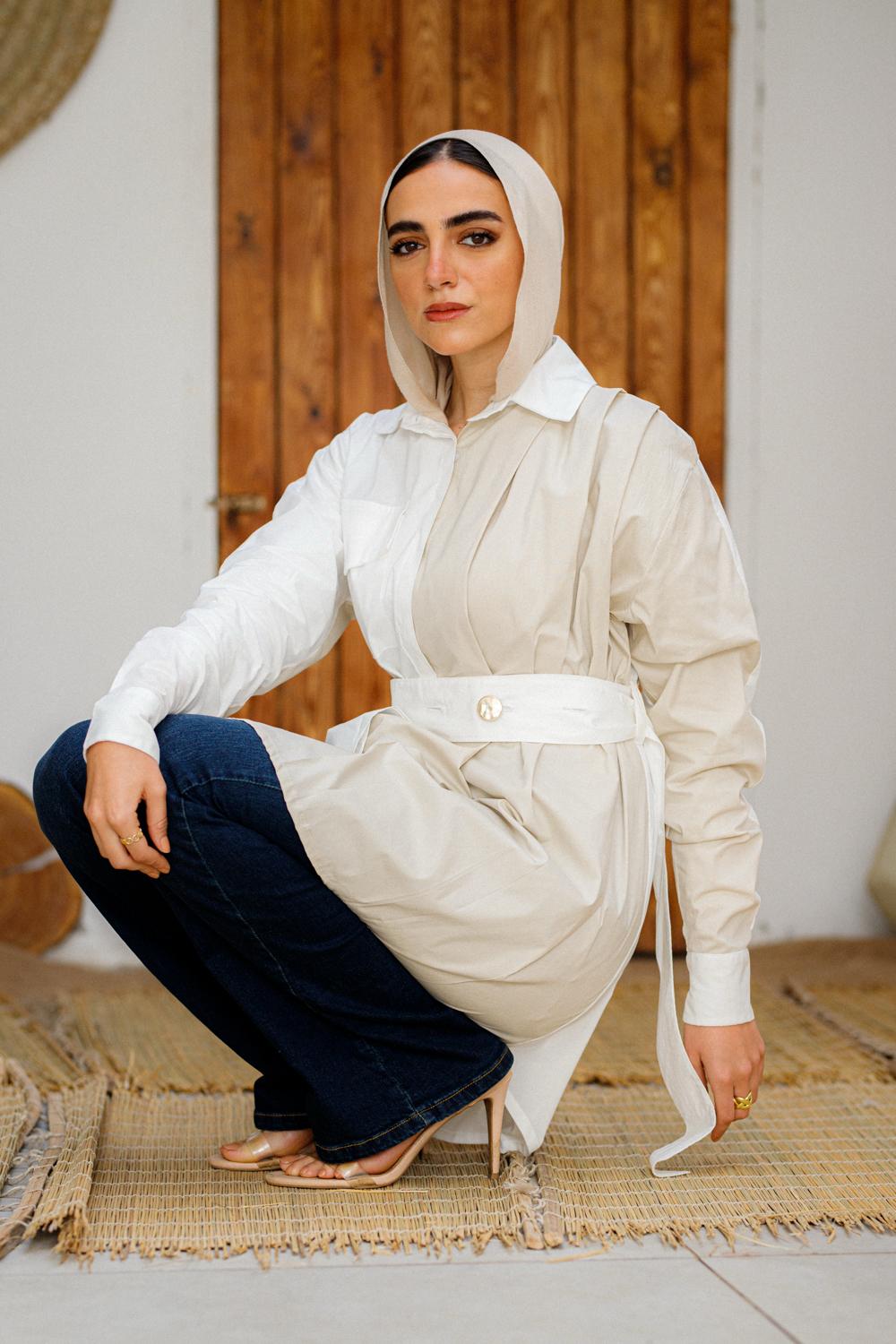 Two-Tone Belted Shirt Dress - Modest Chic