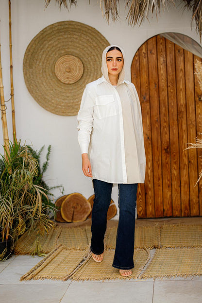 Two-Tone Belted Shirt Dress - Modest Chic
