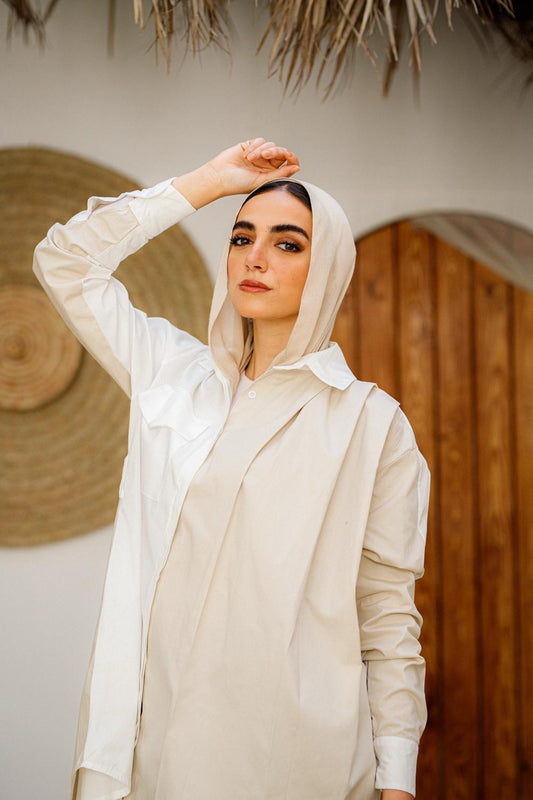 Two-Tone Belted Shirt Dress - Modest Chic