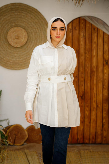Two-Tone Belted Shirt Dress - Modest Chic